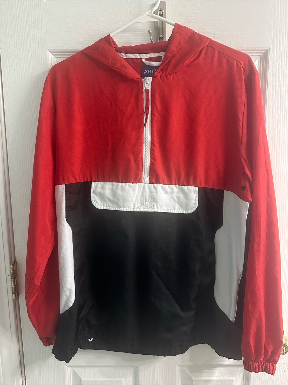 Arizona Jean Company Red, Black & White Hooded Windbreaker Jacket Size Small